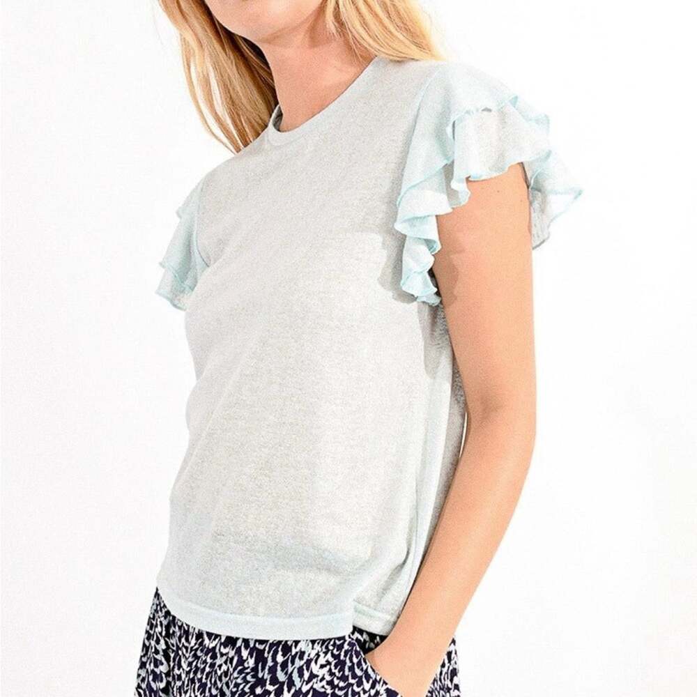 Molly Bracken Top Size XS Iridescent Knit Pastel Mint Green Tee w/ Ruffle Sleeve